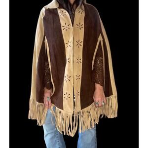 Vintage Western Suede Fringe Poncho Cape • Boho Hippie Festival Leather